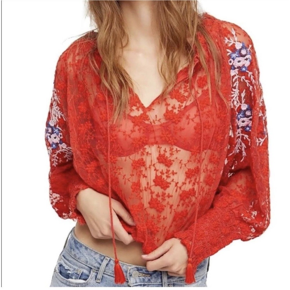 Free People Blouse Womens Small‎ Red Embroidered Sheer Lace Boho Peasant Top